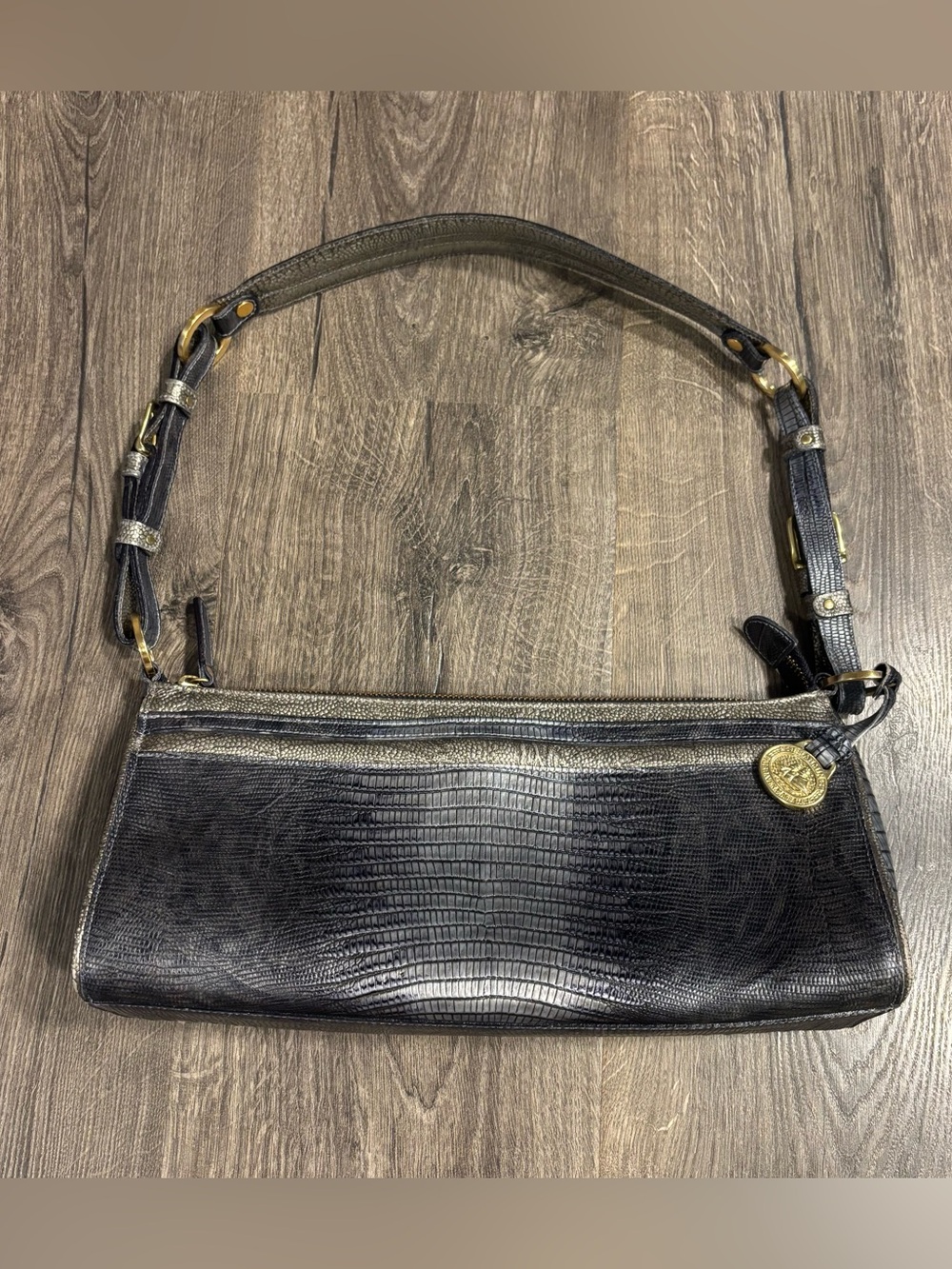 Vintage Brahmin “Marcy” Pewter Steel Grey Croc Print Shoulder Bag Purse